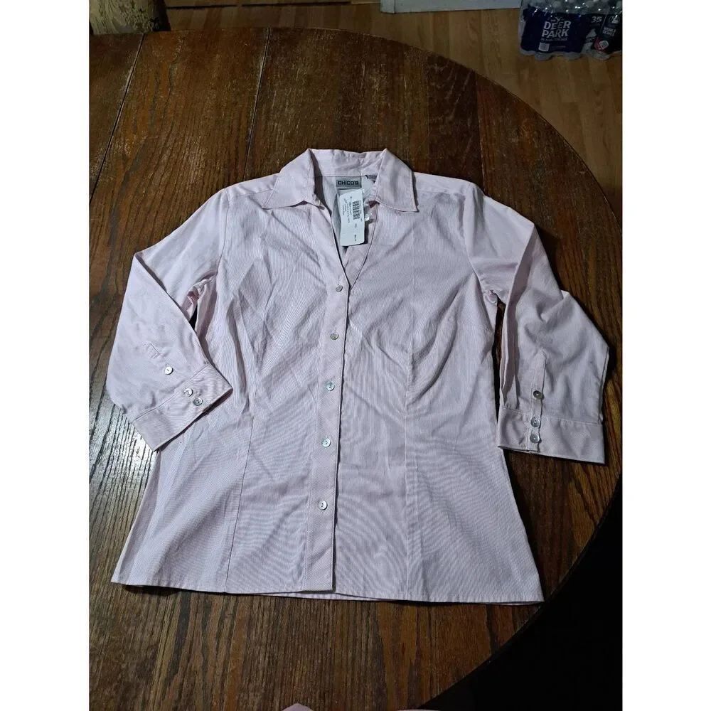 New Size 4 Chicos Size 0 Think Pink Pale Stripe Olissa 3/4 Sleeve Shirt Blouse
